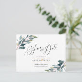 Rustiek Blauw Gom Foliage Save the Date Briefkaart (Staand voorkant)