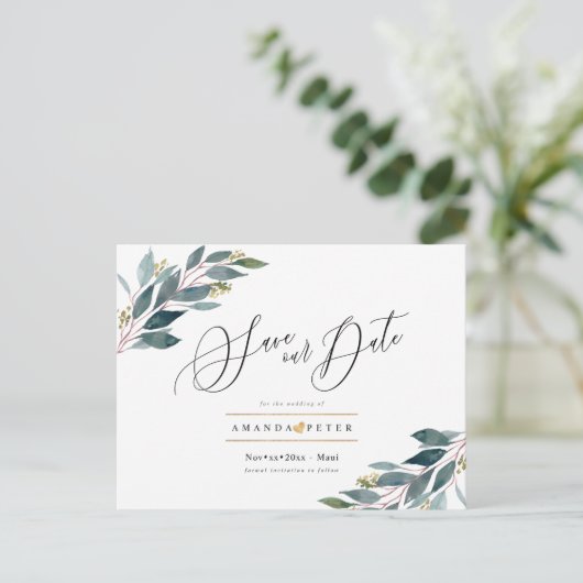 Rustiek Blauw Gom Foliage Save the Date Briefkaart (Staand voorkant)