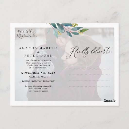 Rustiek Blauw Gom Foliage Save the Date Briefkaart (Achterkant)