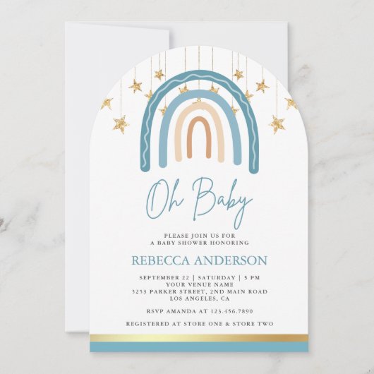 Rustiek Blauw Goud Boho Regenboog Arch Baby shower Kaart (Voorkant)