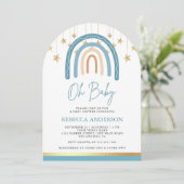 Rustiek Blauw Goud Boho Regenboog Arch Baby shower Kaart (Staand voorkant)