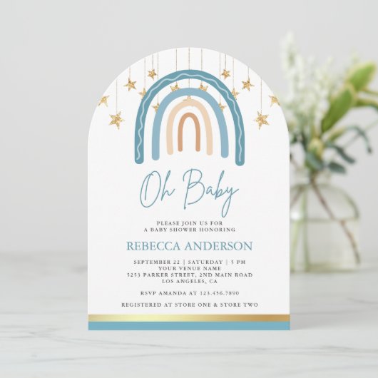 Rustiek Blauw Goud Boho Regenboog Arch Baby shower Kaart (Staand voorkant)