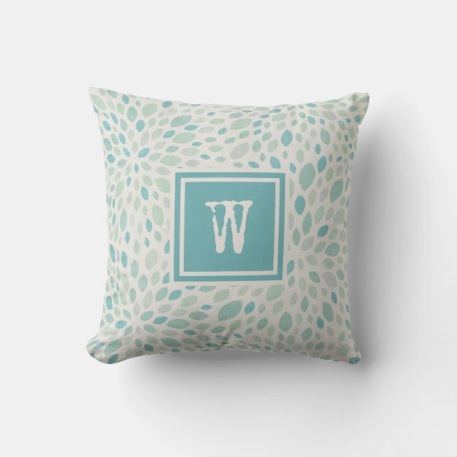Rustiek Blauw Groen Abstract Bloempatroon Monogram Kussen (Voorkant)