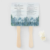 Rustiek blauw-groen bergen bruiloft programma handwaaier (Voorkant en achterkant)