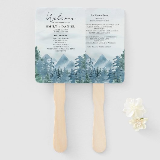 Rustiek blauw-groen bergen bruiloft programma handwaaier (Voorkant en achterkant)