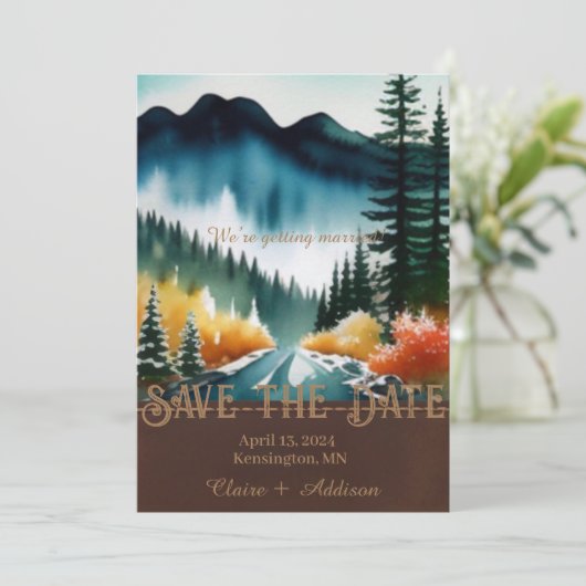 Rustiek Blauw Groen en Geel Waterverf Bos Save The Date (Staand voorkant)