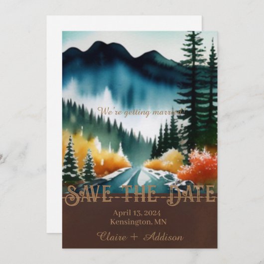 Rustiek Blauw Groen en Geel Waterverf Bos Save The Date (Voorkant / Achterkant)