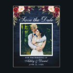 Rustiek Blauw Hout Bloemen Bourgogne Save the Date Aankondigingskaart<br><div class="desc">Rustiek Blauw Hout Save The Date Verloving Foto Briefkaart - Waterverf Bourgondië Marsala Floral,  Wit Lijst</div>