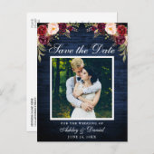 Rustiek Blauw Hout Bloemen Bourgogne Save the Date Aankondigingskaart (Voorkant / Achterkant)