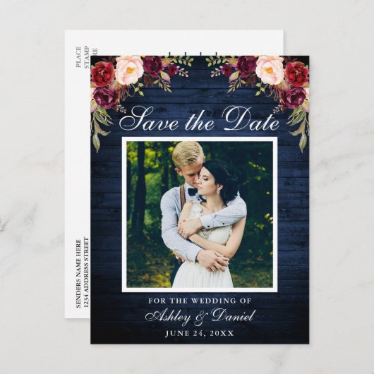 Rustiek Blauw Hout Bloemen Bourgogne Save the Date Aankondigingskaart (Voorkant / Achterkant)