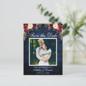 Rustiek Blauw Hout Bloemen Bourgogne Save the Date Aankondigingskaart (Staand voorkant)