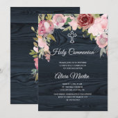 Rustiek blauw hout bloemen heilige communie uitnod kaart (Voorkant / Achterkant)