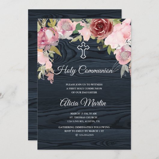 Rustiek blauw hout bloemen heilige communie uitnod kaart (Voorkant / Achterkant)