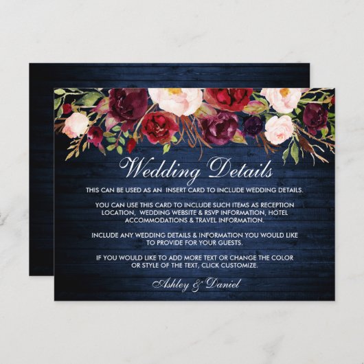 Rustiek Blauw Hout Bloemen Trouwdetails Kaart (Voorkant / Achterkant)