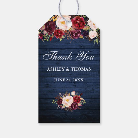 Rustiek Blauw Hout Bourgondië Bloemen Bruiloft Dan Cadeaulabel (Voorkant)
