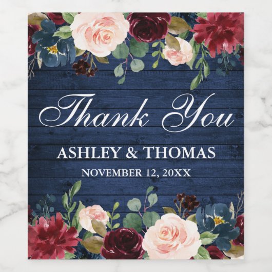 Rustiek Blauw Hout Bourgondië Bloemen Bruiloft Dan Wijn Etiket (Enkel label)