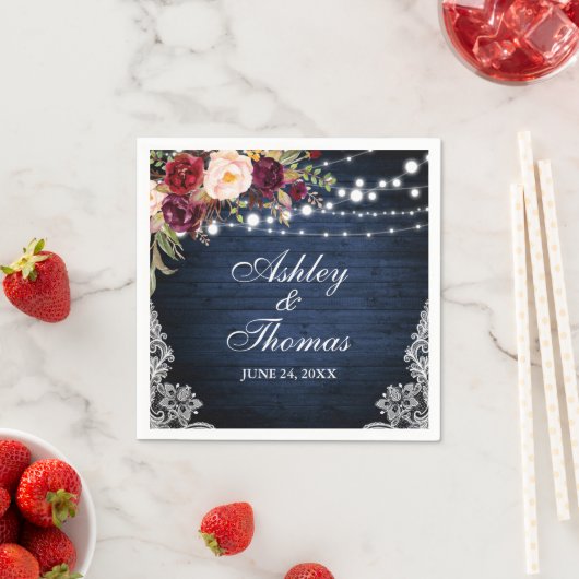 Rustiek Blauw Hout Bruiloft Lichten Bloemen Kant Servet (Insitu)