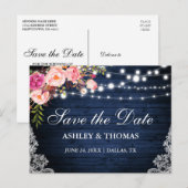 Rustiek Blauw Hout Kant Roze Bloemen Save the Date Aankondigingskaart (Voorkant / Achterkant)