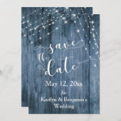 Rustiek Blauw Hout, Lichte Koorden sparen de Datum Save The Date (Voorkant / Achterkant)