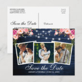 Rustiek Blauw Hout Roze Bloemen 3 Foto Save The Da Uitnodiging Briefkaart (Voorkant / Achterkant)