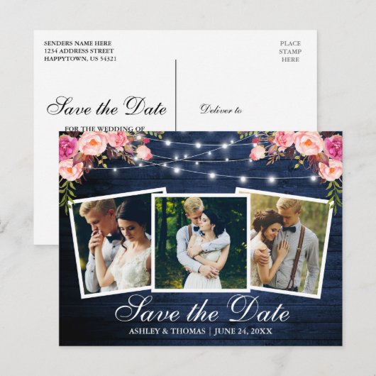 Rustiek Blauw Hout Roze Bloemen 3 Foto Save The Da Uitnodiging Briefkaart (Voorkant / Achterkant)
