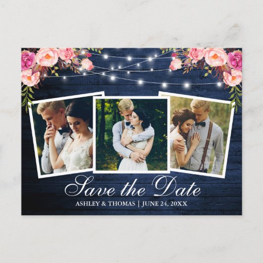Rustiek Blauw Hout Roze Bloemen 3 Foto Save The Da Uitnodiging Briefkaart (Voorkant)