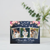 Rustiek Blauw Hout Roze Bloemen 3 Foto Save The Da Uitnodiging Briefkaart (Staand voorkant)