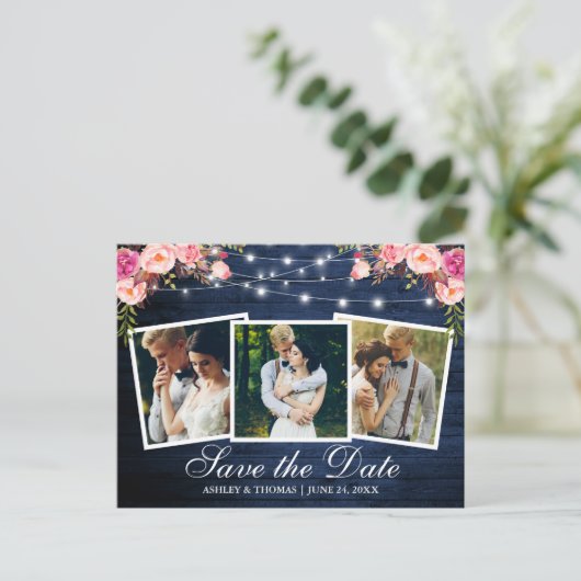Rustiek Blauw Hout Roze Bloemen 3 Foto Save The Da Uitnodiging Briefkaart (Staand voorkant)