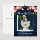 Rustiek Blauw Hout Roze Bloemen Foto Save the Date Briefkaart (Voorkant / Achterkant)