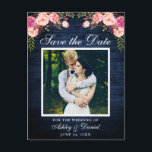 Rustiek Blauw Hout Roze Bloemen Save the Date Foto Aankondigingskaart<br><div class="desc">Rustiek Blauw Hout Save The Date Verloving Foto Briefkaart - Waterverf Roze Blush Bloemen,  Wit Lijst</div>
