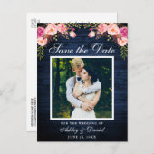 Rustiek Blauw Hout Roze Bloemen Save the Date Foto Aankondigingskaart (Voorkant / Achterkant)