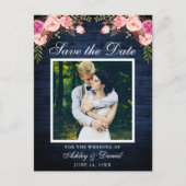 Rustiek Blauw Hout Roze Bloemen Save the Date Foto Aankondigingskaart (Voorkant)