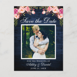 Rustiek Blauw Hout Roze Bloemen Save the Date Foto Aankondigingskaart