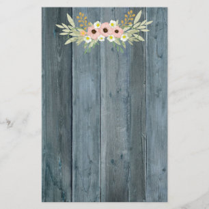 Rustiek Blauw Hout Roze en Groene Bloemen Briefpapier