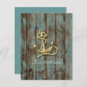 Rustiek blauw hout strand anker nautische bruiloft kaart (Voorkant / Achterkant)