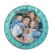 Rustiek Blauw Hout Strandhuis Familienaam Foto Dartbord (Voorkant)