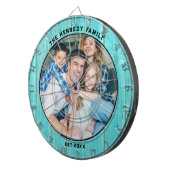 Rustiek Blauw Hout Strandhuis Familienaam Foto Dartbord (Voorkant Rechts)