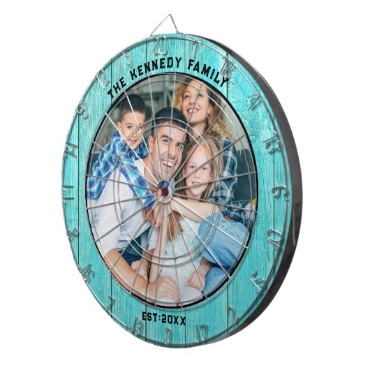 Rustiek Blauw Hout Strandhuis Familienaam Foto Dartbord (Voorkant Rechts)