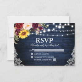 Rustiek Blauw Hout String Lichten Kant Bloemen Huw RSVP Kaartje