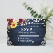 Rustiek Blauw Hout String Lichten Kant Bloemen Huw RSVP Kaartje (Staand voorkant)