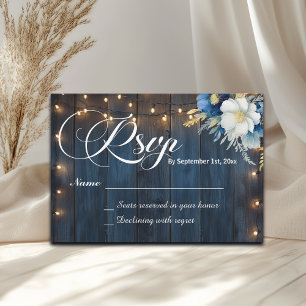 Rustiek Blauw Hout String Lights Bloemen Huwelijk  RSVP Kaartje