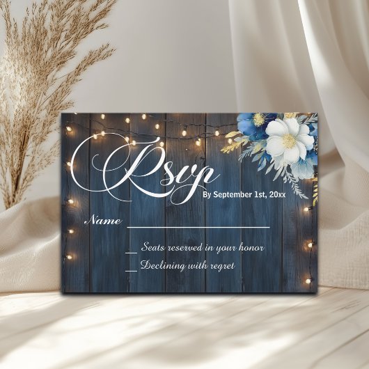 Rustiek Blauw Hout String Lights Bloemen Huwelijk  RSVP Kaartje