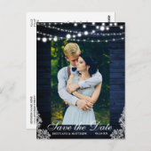 Rustiek Blauw Hout String Lights Lace Save the Dat Briefkaart (Voorkant / Achterkant)