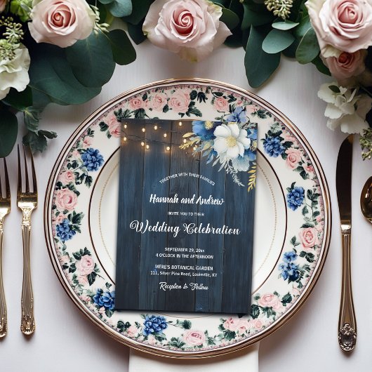 Rustiek Blauw Hout Wit Blauw Bloemen Huwelijk Kaart