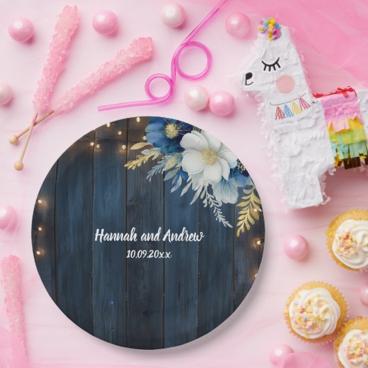 Rustiek Blauw Hout Wit Bloemen Huwelijk Papieren Bordje (Feest)