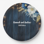 Rustiek Blauw Hout Wit Bloemen Huwelijk Papieren Bordje (Voorkant)