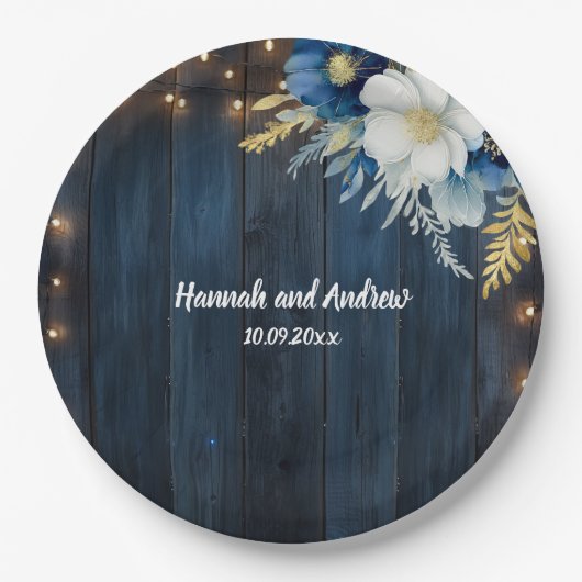 Rustiek Blauw Hout Wit Bloemen Huwelijk Papieren Bordje (Voorkant)