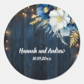Rustiek Blauw Hout Wit Bloemen Huwelijk Ronde Sticker (Voorkant)