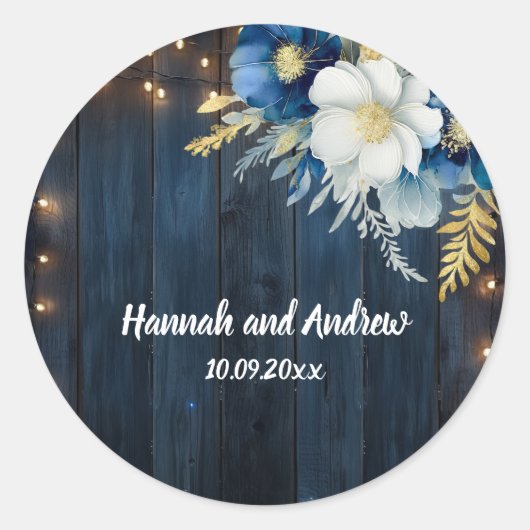 Rustiek Blauw Hout Wit Bloemen Huwelijk Ronde Sticker (Voorkant)