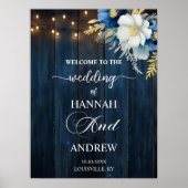 Rustiek Blauw Hout Wit Bloemen Huwelijk Welkom Poster (Voorkant)